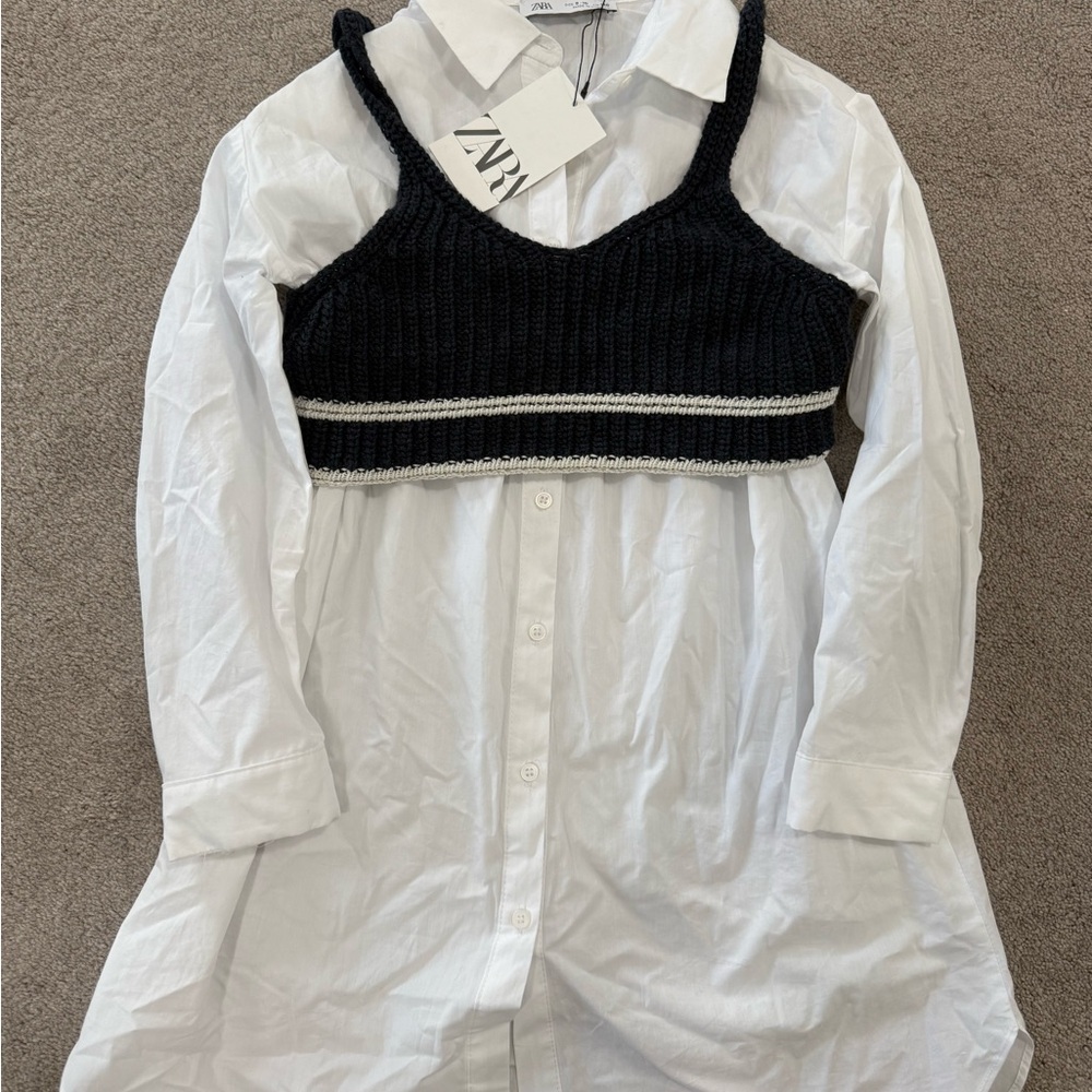 Zara White Shirt with Black Knit Overlay